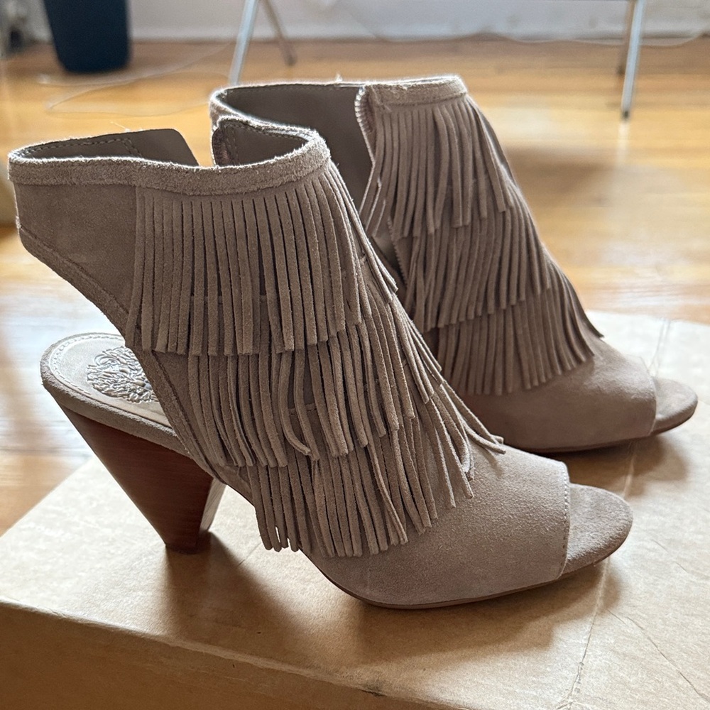 Vince Camuto Fringe Peep-Toe Heels - Brown